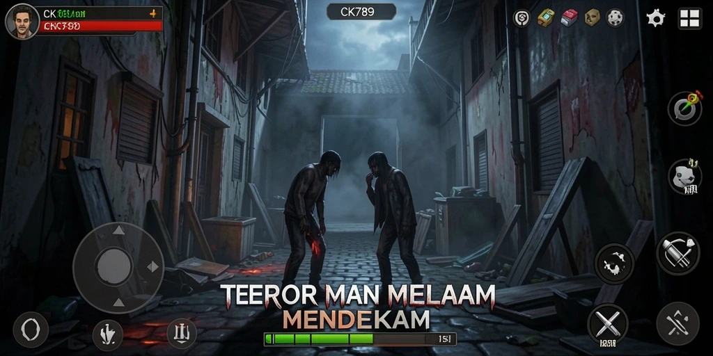 Screenshot gameplay CK789 menampilkan momen menakutkan saat menjelajahi kegelapan.